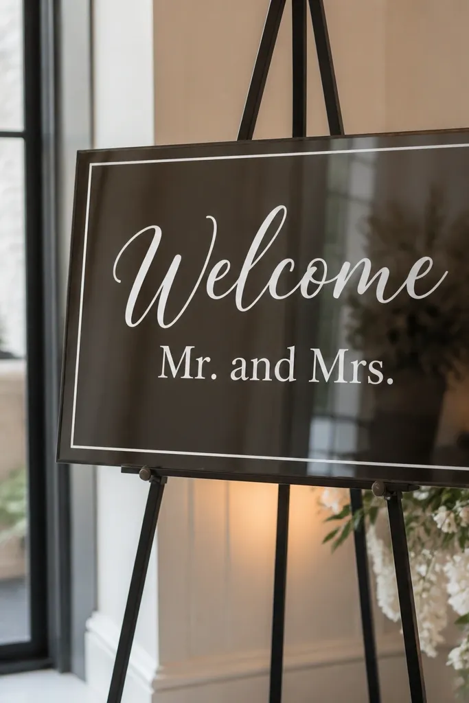 A rectangular mirror-style welcome sign with a dark charcoal backing. White matte vinyl lettering reads "Welcome" at the top and "Mr. and Mrs." beneath, with a thin border line. The sign sits on a simple black easel stand.