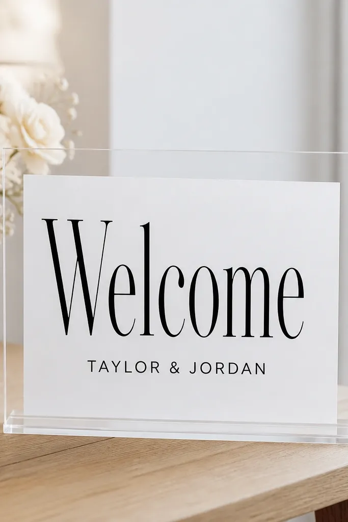 A clear acrylic welcome sign with crisp black vinyl lettering. The text reads "Welcome" in a tall serif font, with a smaller line for names below. The sign is placed on a light wood table with a white card behind it.
