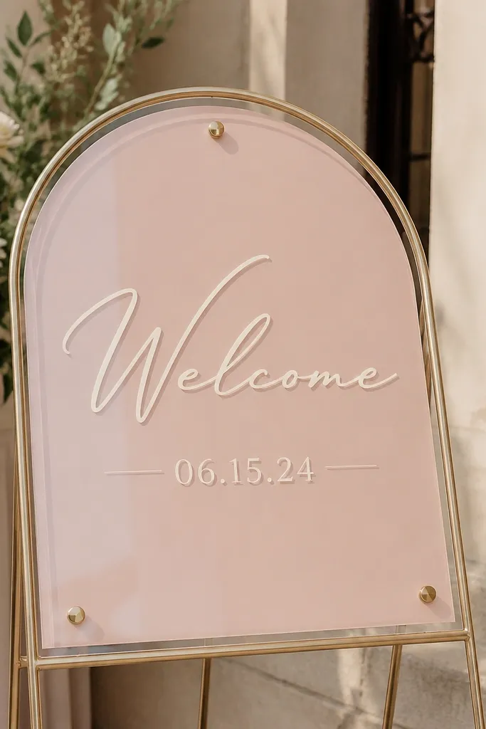 A welcome sign made of clear acrylic on top of a muted blush backing. The lettering looks like it's embedded, with cream vinyl reading "Welcome" and a date line below. The stand is a slim gold frame.