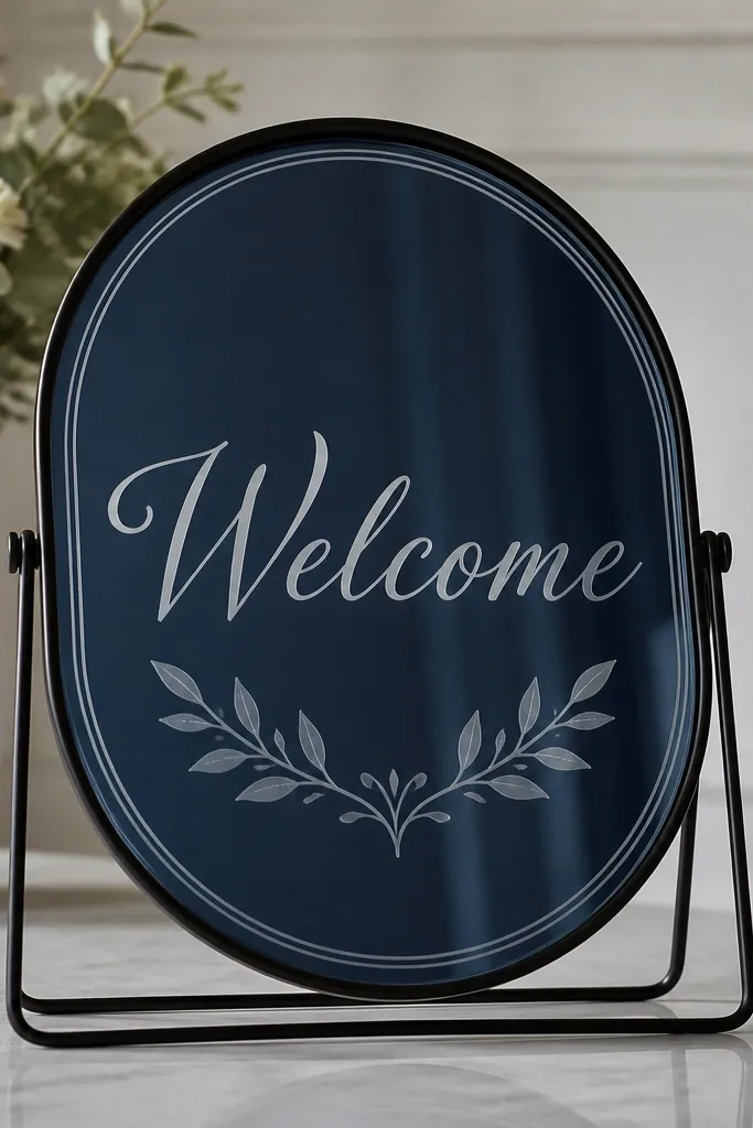 A mirror sign with frosted/etched-style lettering. The text looks lightly sandblasted, with "Welcome" in a script-like font. The backing is deep navy, and the sign sits on a black stand.