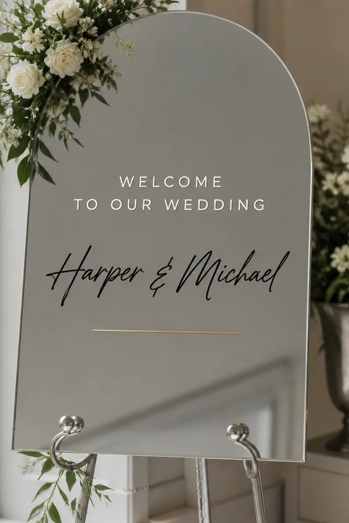 A mirror welcome sign with two-tone vinyl. The top line is white, the names line is black, and there's a thin gold accent underline. The backing is medium gray, and the sign stands on a silver easel.