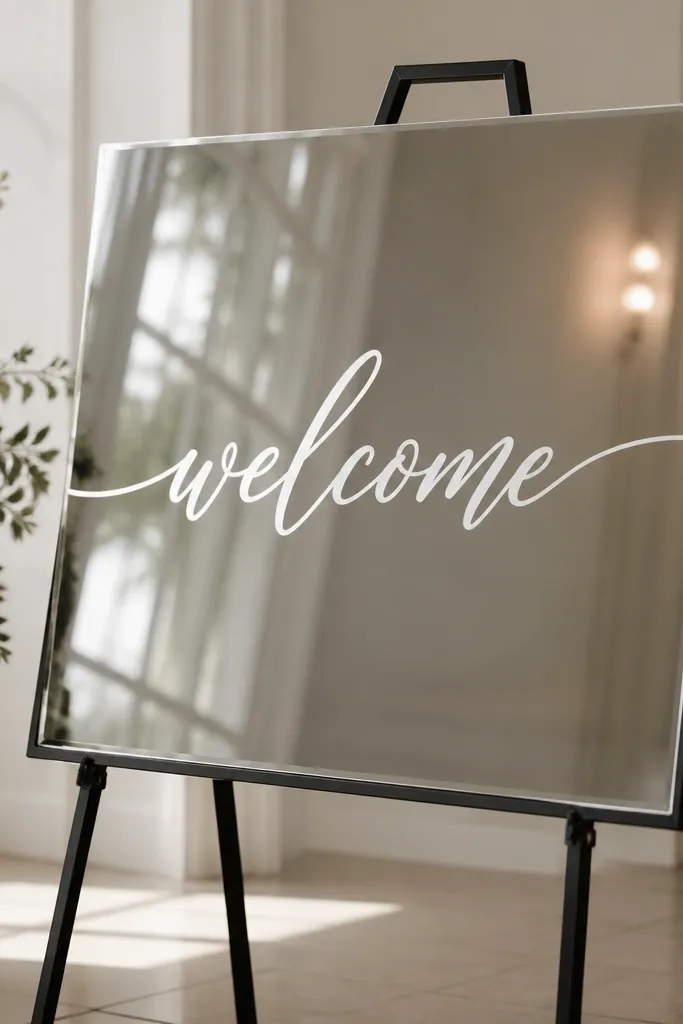 A mirror welcome sign with a clear protective acrylic sheet over the surface. The lettering is white vinyl, and you can see the slight edge of the clear overlay around the border. The sign sits on a black frame stand.
