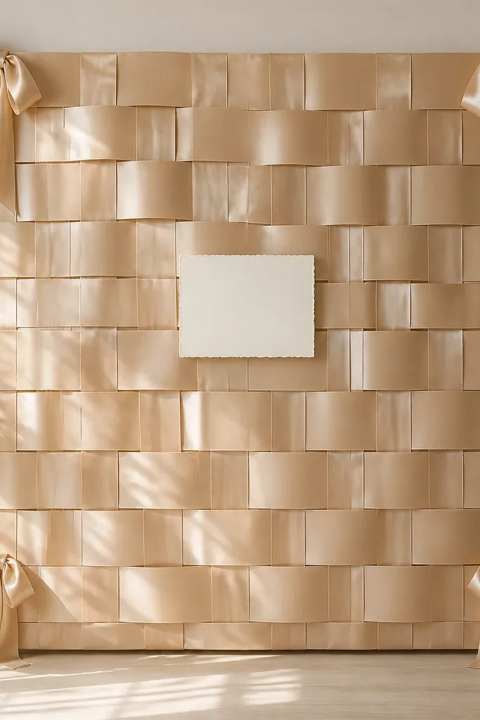 A wall-sized rectangle made from champagne satin ribbon, layered in a neat grid, with four corner loops and a small "Bride-to-be" card centered in cream cardstock.