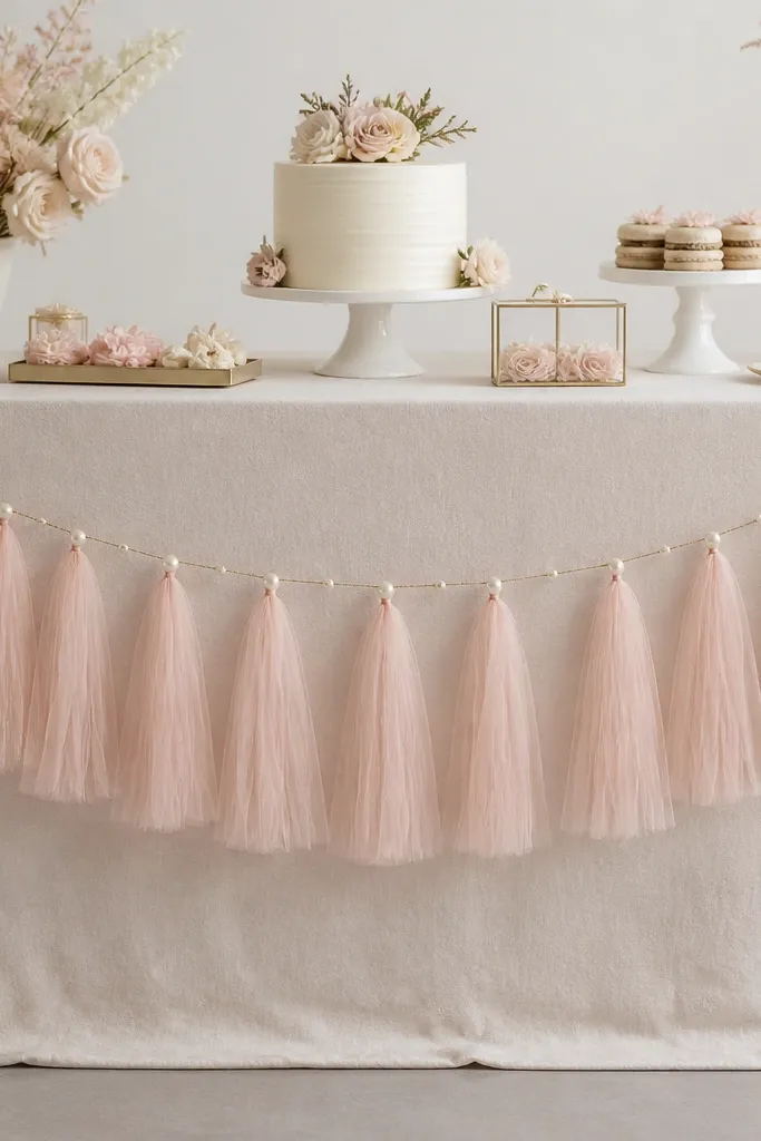 A long garland of blush tulle tassels draped across a dessert table, with small pearl-like dots clipped along a thin gold string.