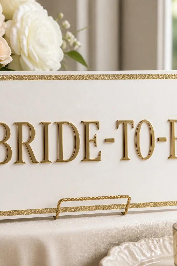 A white foam core sign with raised antique gold "BRIDE-TO-BE" lettering, finished with a glossy vinyl sparkle border.