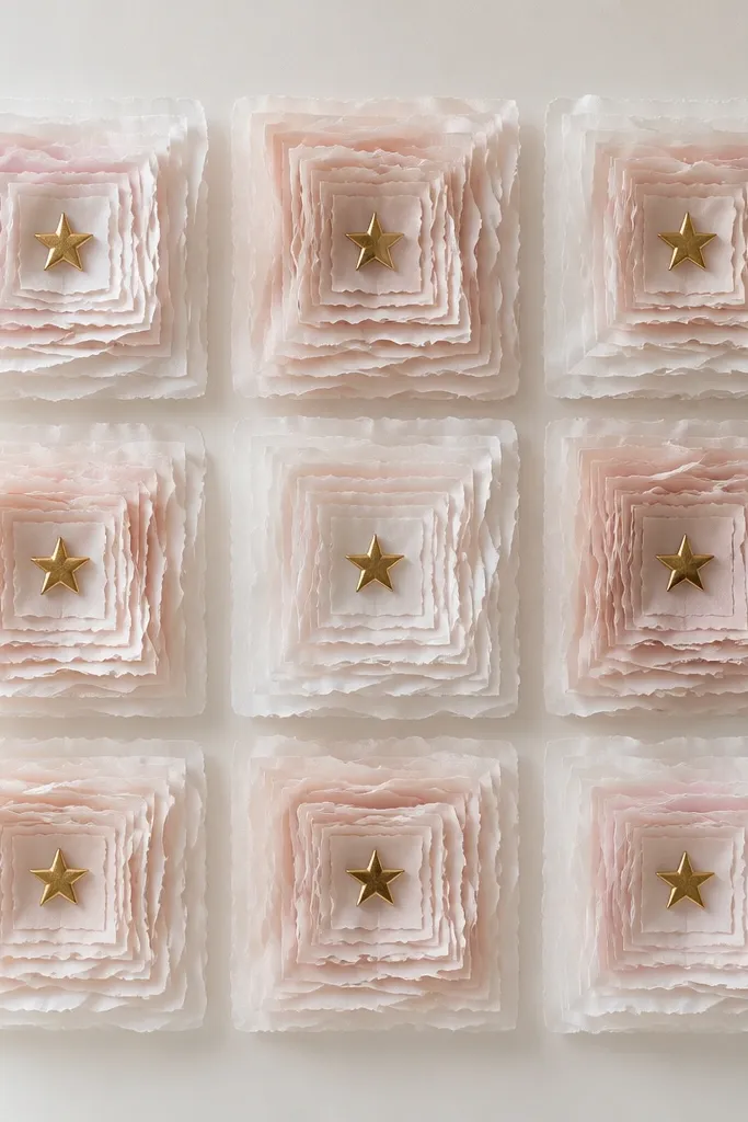 A grid of three-by-three wall tiles made from layered white and blush tissue paper squares, each with ruffled edges and a small gold star on top.
