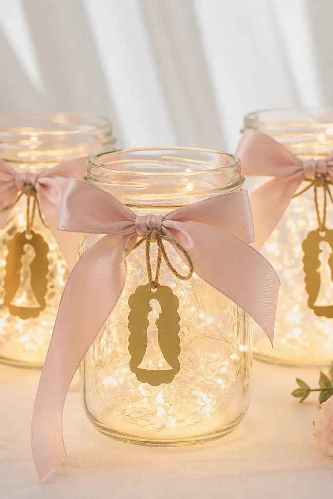 Three mason jars wrapped with satin blush ribbon, each holding battery fairy lights and a small gold "Bride" tag on twine.