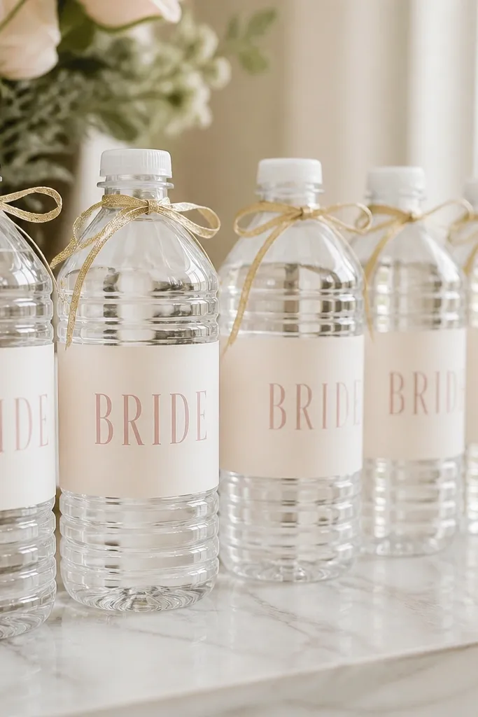 A row of water bottles with ivory labels reading "BRIDE" in blush letters, each tied with a thin gold ribbon around the neck.
