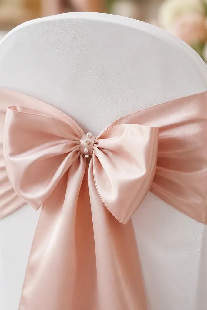 A chair back wrapped with a satin blush bow and a few small pearl pins, with a white chair cover behind it.