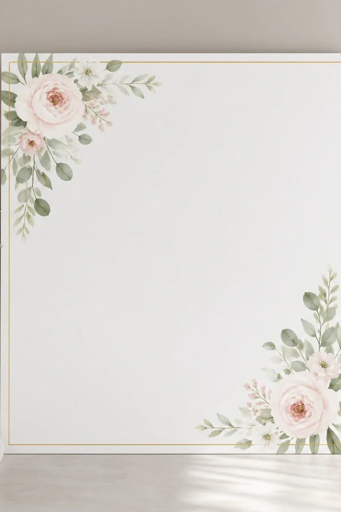 A white photo board with two corners painted in soft blush and sage florals, plus a small gold outline on the edges.