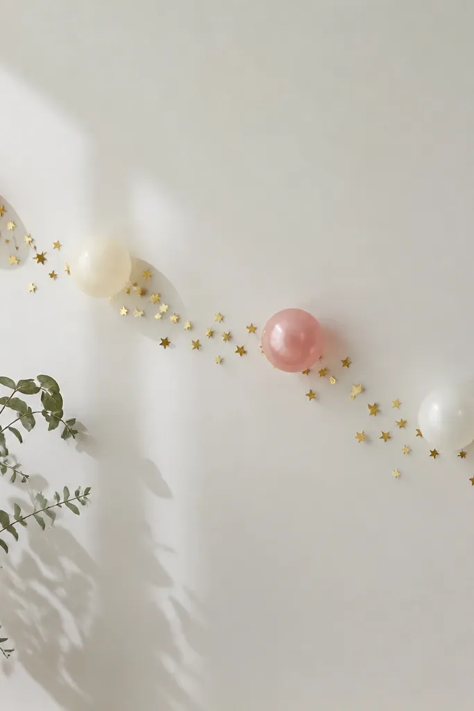 A balloon garland made from clear tape clusters holding tiny gold star stickers on the wall, with small balloons spaced between.