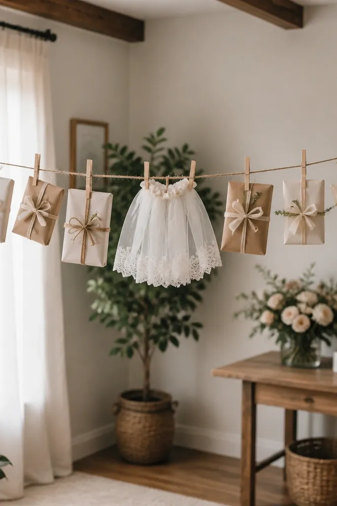 A clothesline strung across a room with small gift-wrapped parcels clipped on, plus a "Bride-to-be" label in the middle.
