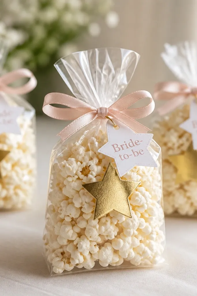 Small clear popcorn bags tied with blush ribbon, each with a gold star sticker and a mini tag reading "Bride-to-be" on the front.