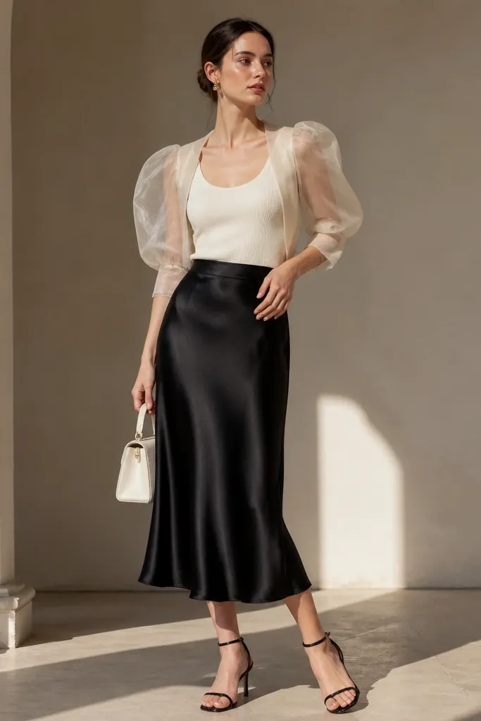 A black satin midi skirt paired with a cream fitted knit tank. Over the shoulders is a sheer organza overlay with subtle puff sleeves. The model wears black strappy heels and a small structured white bag.
