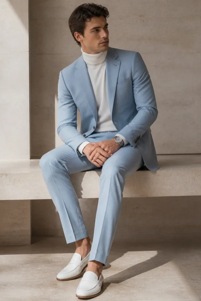 A powder blue two-piece suit with a structured blazer and straight trousers. Underneath is a soft white fitted turtleneck. The model wears white leather loafers and a silver watch.