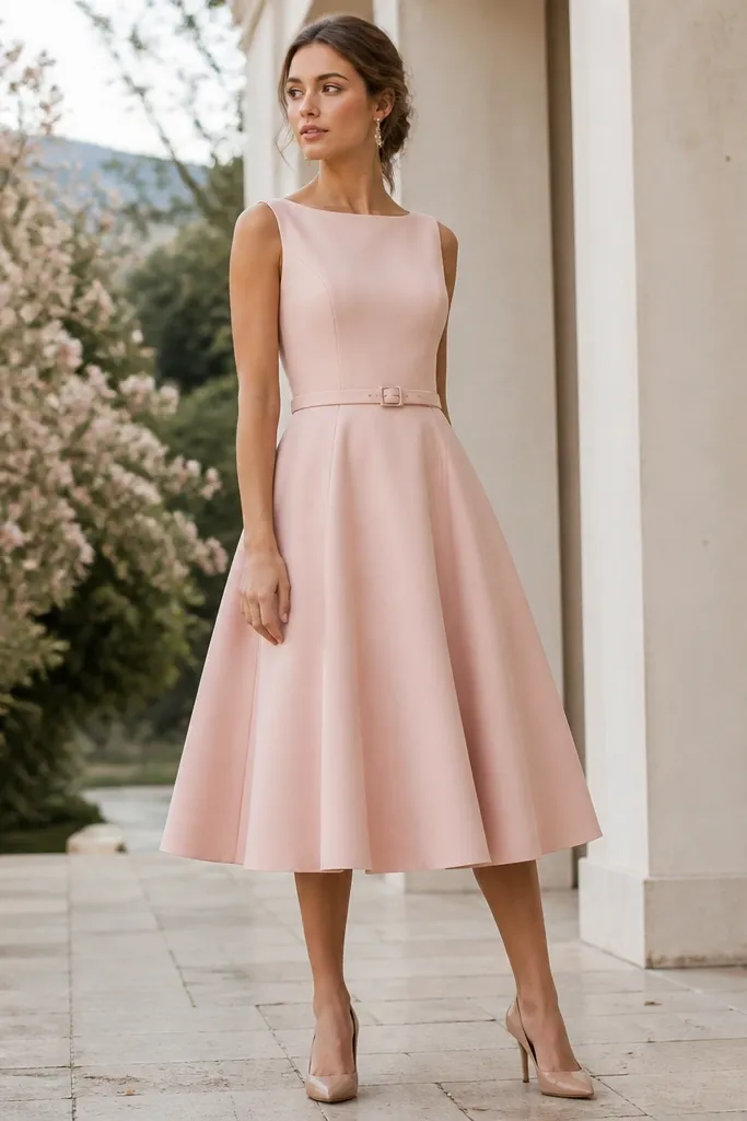 A rose blush A-line midi dress with a fitted structured bodice and a flared skirt. The model has a thin belt at the waist and wears nude heels. Background shows a soft outdoor setting.