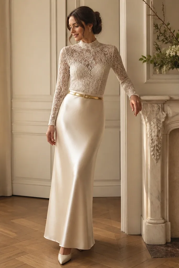 An ivory lace long-sleeve top tucked into a high-waist satin maxi skirt. The model wears a thin gold belt and cream heels. Lighting is warm and flattering.