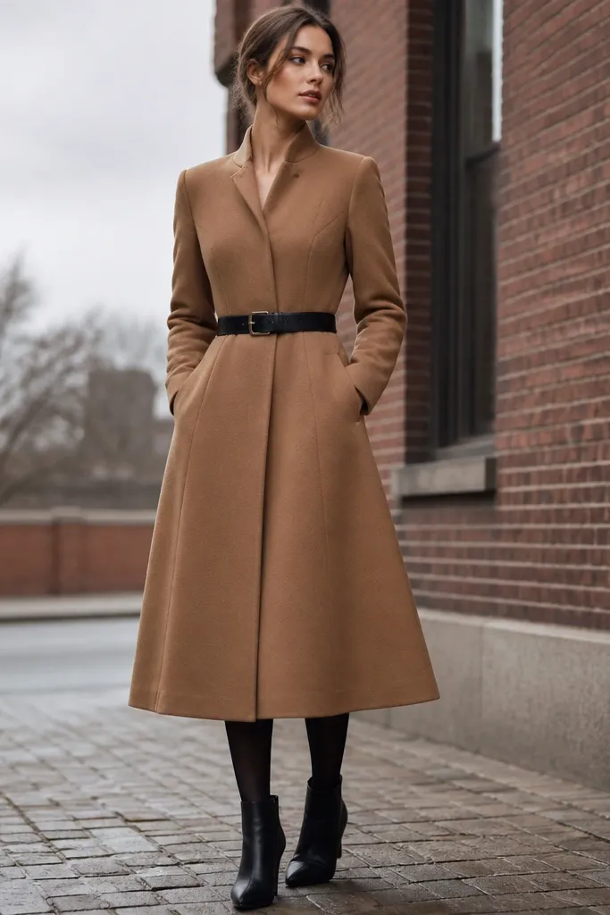 A camel wool coat dress with a structured collar and a black belt cinching the waist. The model wears black tights and ankle boots. Background is brick and overcast light.