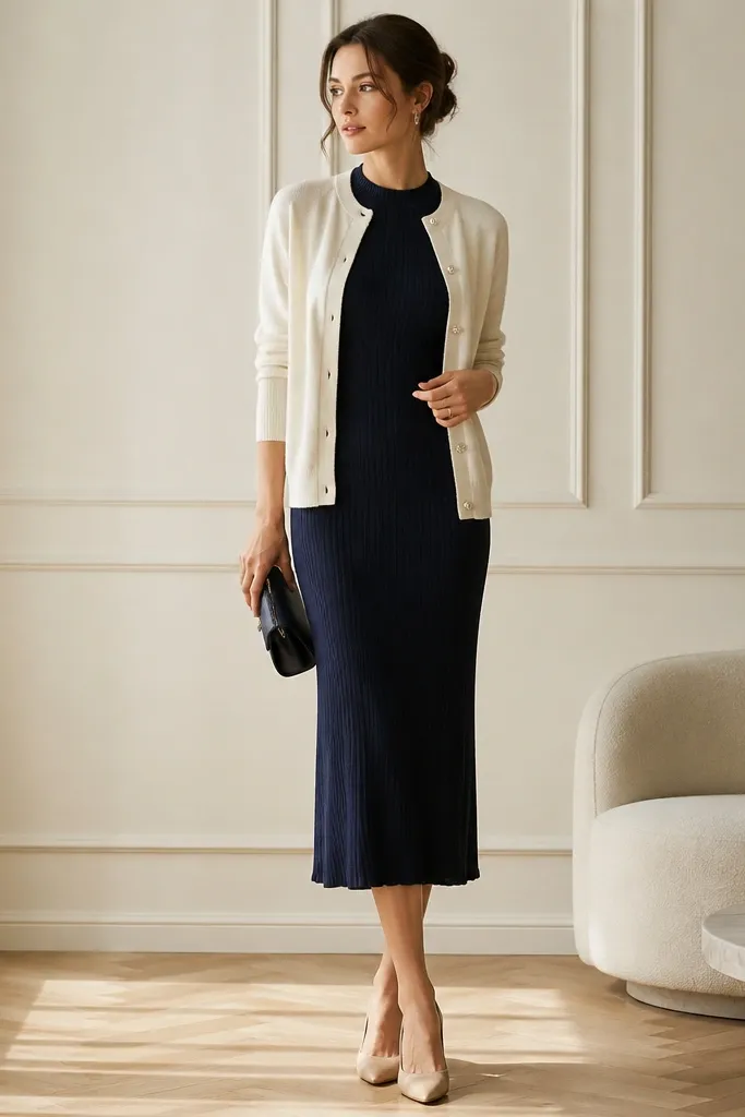 A navy knit midi dress with a close neckline and fitted sleeves. Over it is a pearl-button cardigan in cream. The model wears nude heels and a small navy clutch.