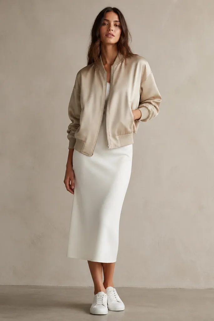 A sandstone satin bomber jacket worn over a white column midi skirt. The model wears a minimal gold necklace and white sneakers or low heels. Background is a neutral studio wall.