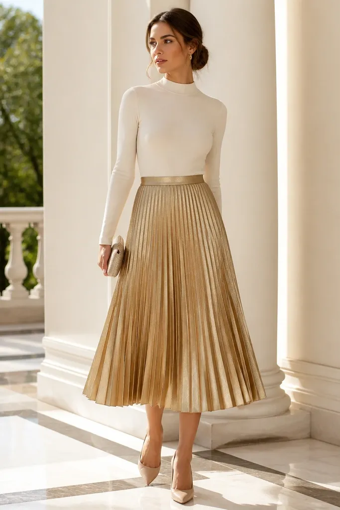 A cream mock-neck fitted top tucked into a gold pleated midi skirt. The model wears nude heels and a small clutch. Lighting is bright and crisp.