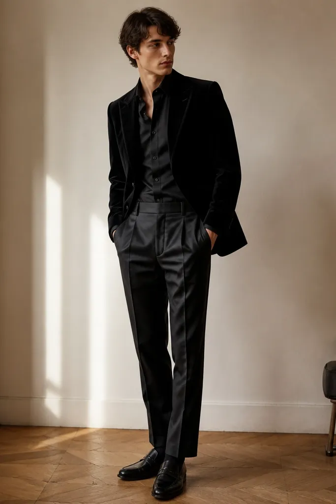 A black velvet blazer with notched lapels paired with black satin trousers. The model wears a black fitted shirt and sleek black loafers.