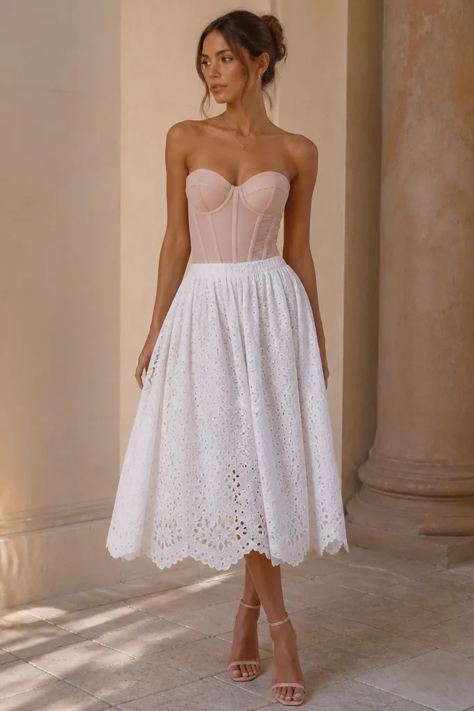 A white eyelet skirt paired with a blush corset-style bodice. The bodice has boning and a structured neckline. The model wears blush heels and a delicate pendant necklace.