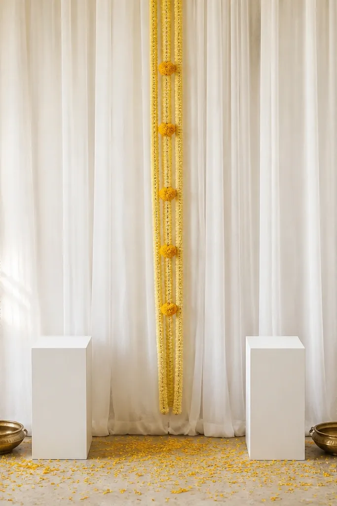 A white sheer curtain backdrop with small pearl strings draped vertically at the edges. In the center, a narrow yellow garland lane runs from top to waist height, with a few small marigold clusters spaced evenly. The floor has scattered marigold petals and two empty white pedestals with brass bowls placed beside them.