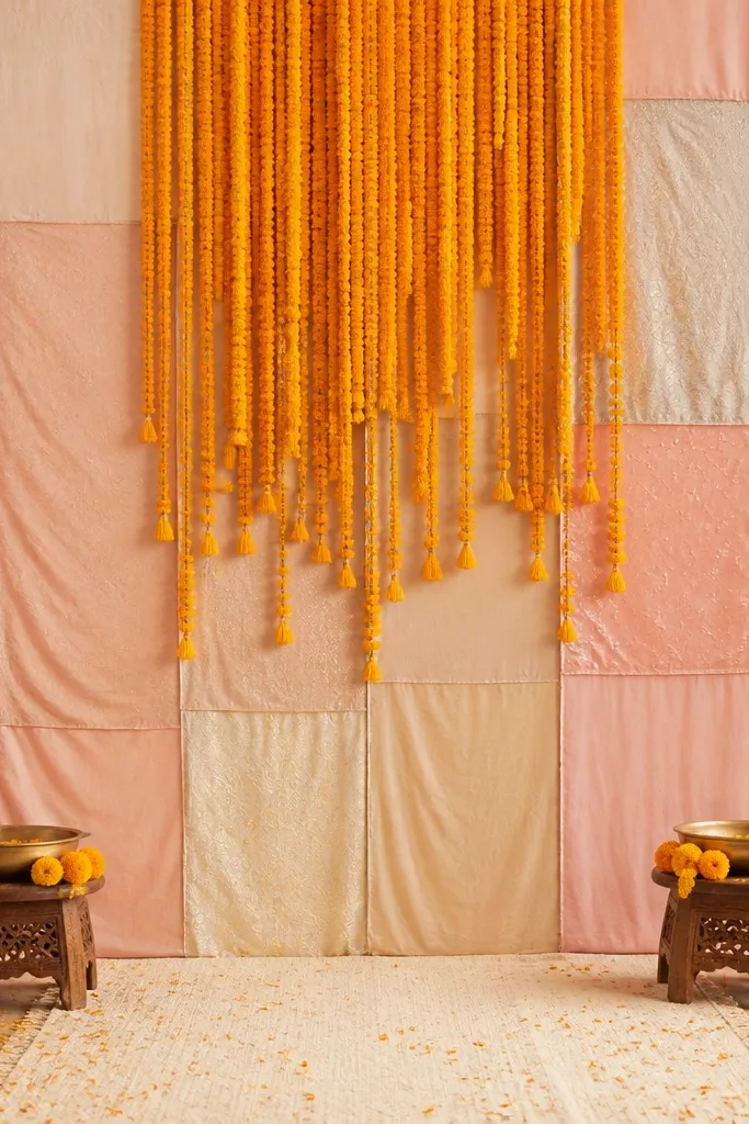 A backdrop made of layered pastel fabric panels in blush, cream, and light peach, arranged like a quilt. From the top center hangs a marigold tassel fringe that spreads down to mid-length. The floor has a cream runner and scattered marigold petals. Two small stools hold brass bowls with a few marigold heads tucked nearby.