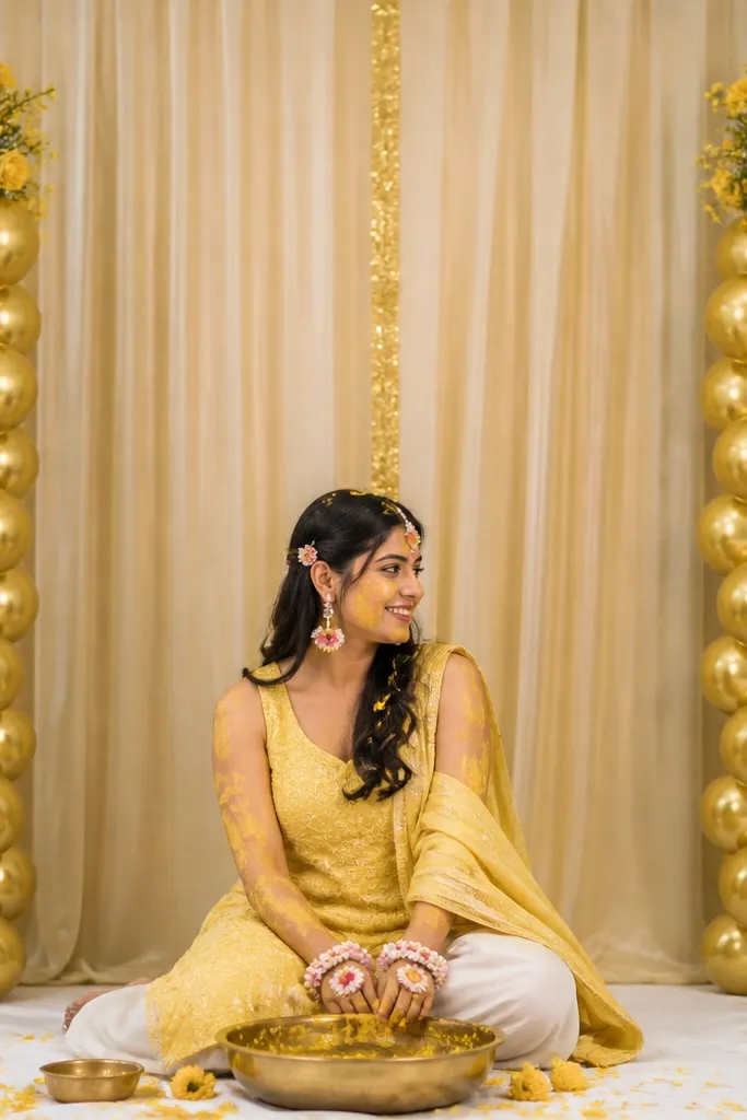 Two vertical columns of gold foil balloons stand on either side of the stage. At the top of each column, a small cluster of yellow flowers is tied like a cap. Behind, there is a neutral beige curtain with a thin gold ribbon running down the center. The floor has a simple white sheet with a few petals near the haldi bowls.