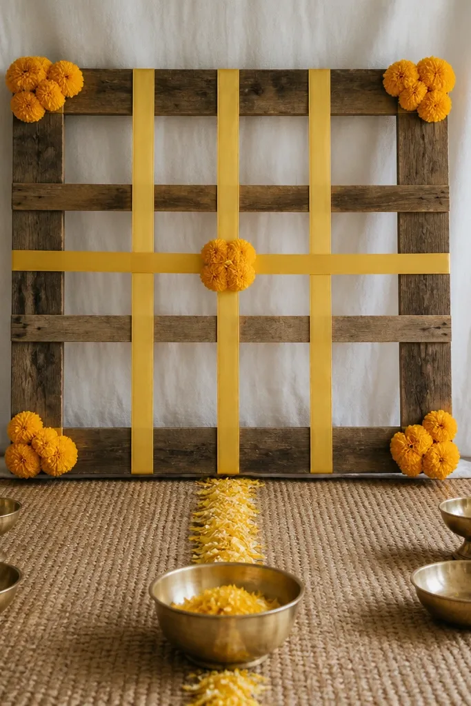 A rustic wooden pallet frame is decorated with yellow silk ribbons crisscrossed in a grid pattern. Small marigold clusters sit at the corners and at the center intersection. The background is a light fabric sheet, and the floor has a jute mat with brass bowls placed on top. Yellow petals form a neat line leading to the center.