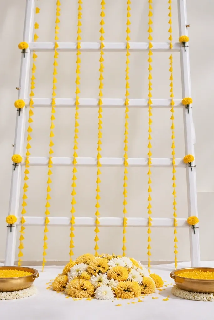 A white-painted ladder leans behind the stage. Yellow streamers hang from each rung, evenly spaced like vertical lines. Tiny marigold minis are clipped to the ladder sides. The floor has a simple white cloth and two haldi bowls on either side of a small flower pile.