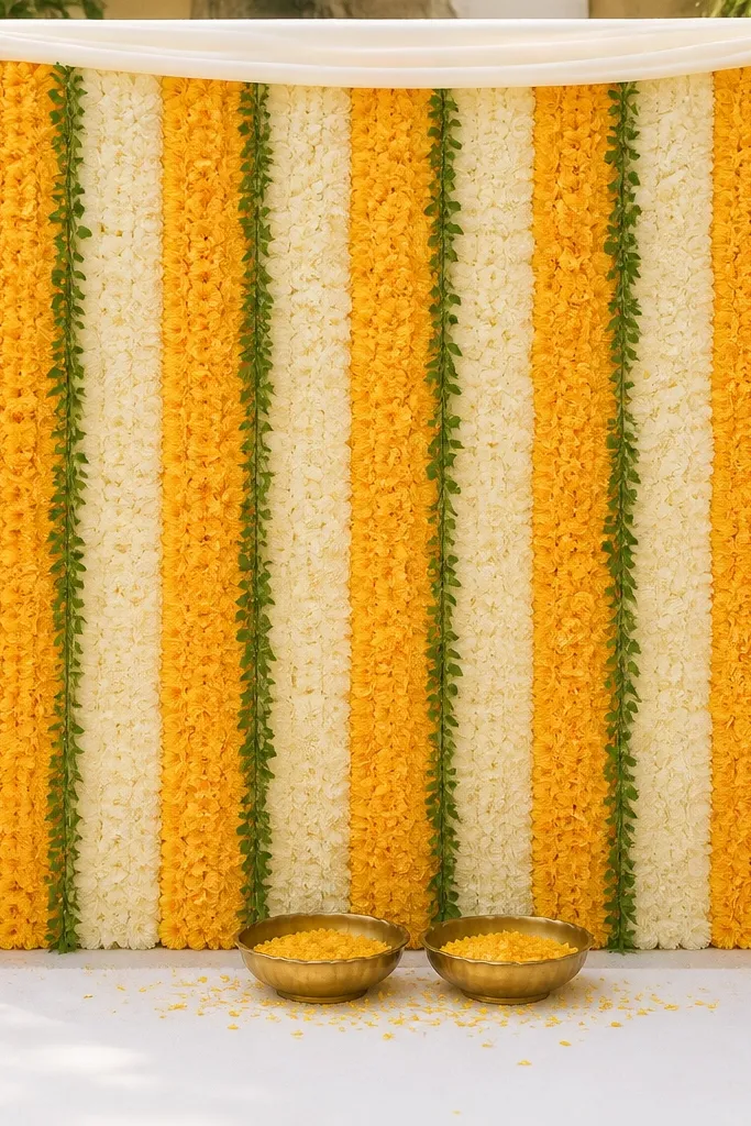 A flower wall made of alternating cream and saffron-yellow artificial flowers. Thin vertical green vines run between the flower columns. The wall is framed by a cream fabric border. The floor has a white runner and two brass haldi bowls at the base center, with petals scattered lightly.