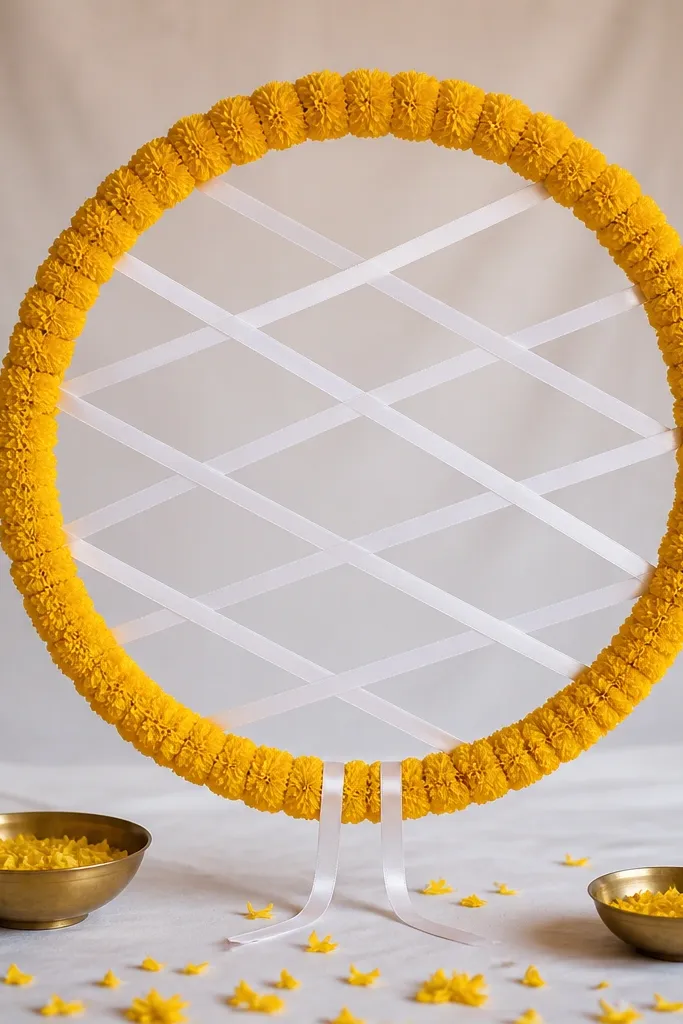 A circle hoop arch wrapped in yellow marigold garlands. White satin ribbons weave across the hoop in crisscross lines. From the bottom of the hoop, two short ribbon tails hang. The floor shows a white cloth and small marigold petal scatter around two brass bowls.