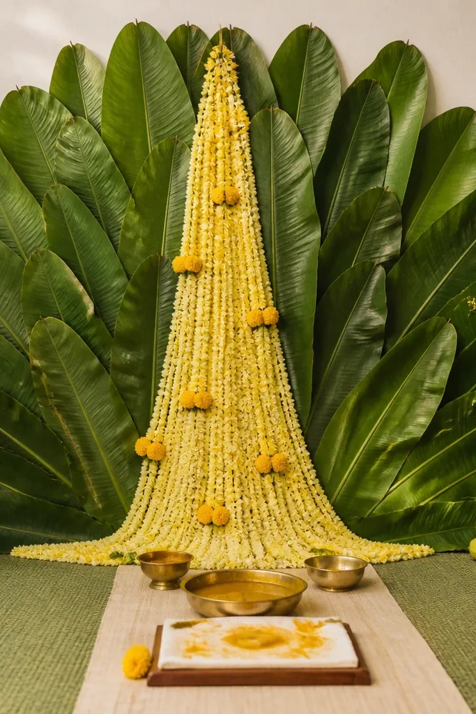 A backdrop of arranged banana leaves layered vertically like a fan. From the center, a yellow garland drifts downward like a soft waterfall, with small marigold clusters at intervals. The floor has green matting and a cream runner. Brass haldi bowls sit on the runner with turmeric stains visible on a small cloth pad.