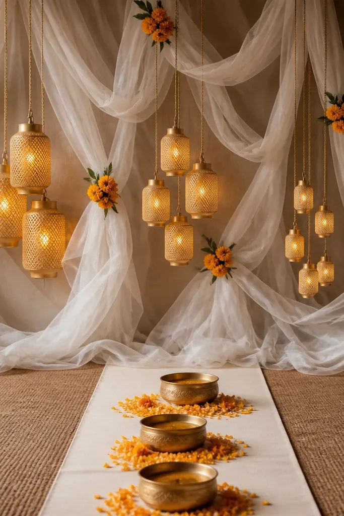 A cluster of small yellow lanterns hangs in the background, grouped in three sizes. White tulle is draped around the lanterns like floating smoke, with a few marigold sprigs pinned to the tulle. The floor has a dark brown jute mat and a cream runner strip. Brass haldi bowls sit on the cream strip with petals around them.