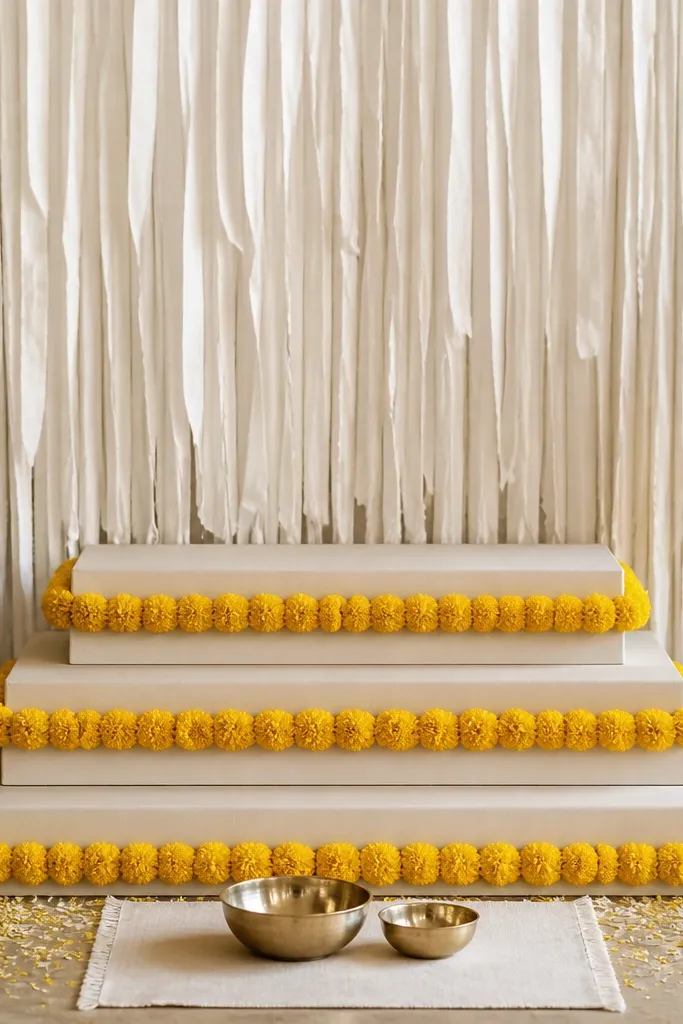 A three-step platform is decorated with yellow marigold garlands wrapped around each step edge. Behind it, a white fringe curtain hangs like a curtain made of thin fabric strips. The floor has a small white cloth and two brass bowls placed on the lowest step. Petals are scattered around the base of the steps.