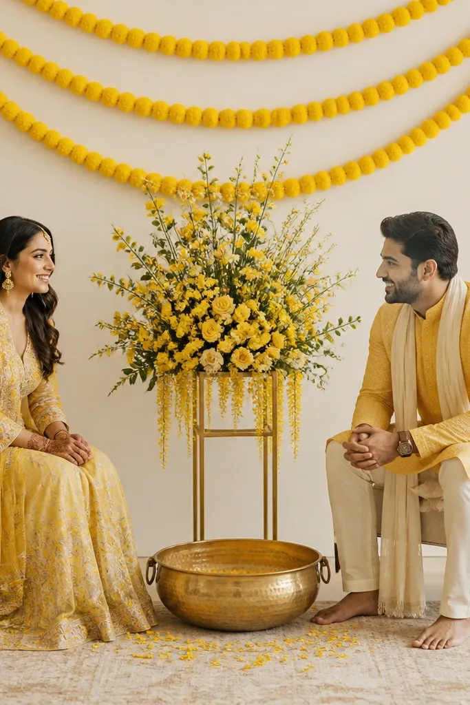 Yellow pom pom swags hang from the ceiling behind the couple, arranged in three arcs. In the center below, a tall arrangement of yellow flowers sits on a stand with a large brass haldi bowl at the base. The floor has a cream rug and a few petal scatter around the stand.