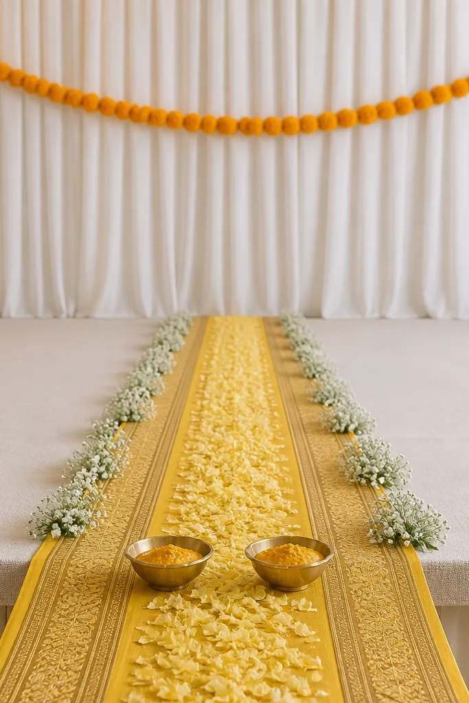 A long runner made from a yellow sari border trim runs down the center of the stage, with small white floral clusters tucked along both sides. Behind, there are plain white curtains with a single marigold garland line. Two brass haldi bowls sit on the runner near the front edge. Petals are scattered in a controlled strip along the runner.