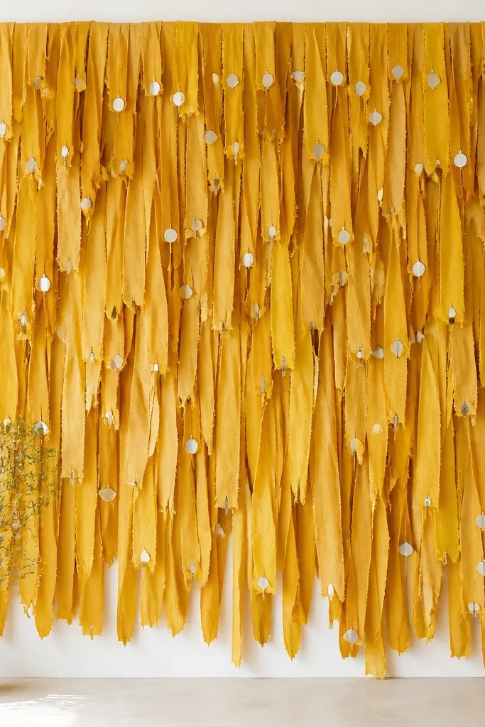A full wall covered in layered turmeric-yellow and mustard fabric strips like a fringe curtain, with small round mirror confetti pinned in a scattered pattern. The strips hang in uneven lengths, catching light as the camera moves, and the background is clean white so the gold tones pop.