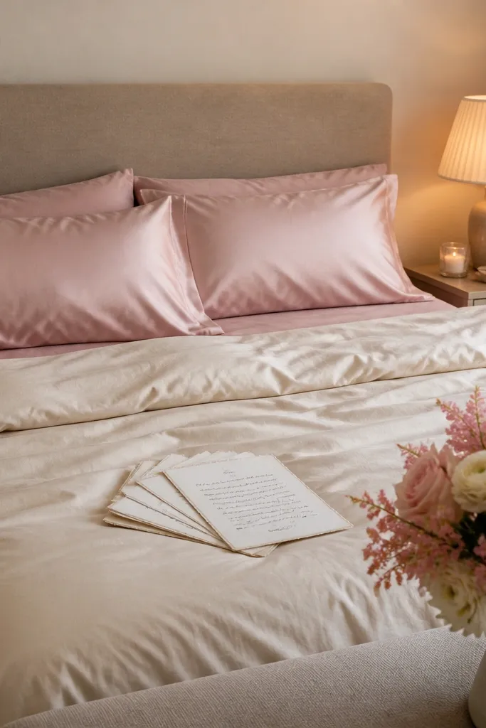 A neatly made bed with blush satin sheets and a cream duvet, two silk-like blush pillows, and a small stack of handwritten vow cards laid on top. A warm table lamp glows from the side, and one bouquet sits in a simple vase at the foot of the bed.