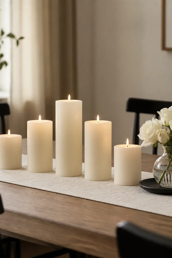 A dining table styled with a cream linen runner down the center. Five pillar candles are arranged in a gentle ladder pattern (taller in the middle, shorter toward the ends), with a small bud vase of white roses on a dark plate.