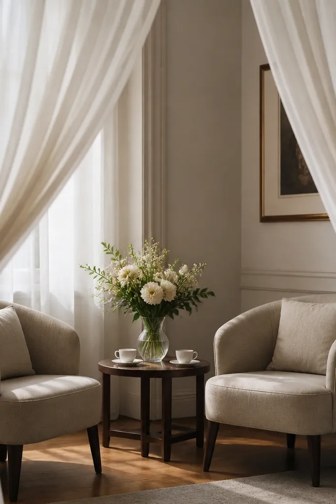 A living room corner where a sheer white curtain is pulled open slightly like a picture frame around two chairs. Warm daylight filters through, and a small bouquet in a glass vase sits on a side table with two matching cups.