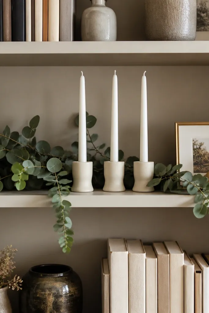 A bookshelf with eucalyptus garland draped across the middle shelf. Three white taper candles in matte holders stand in a row, and a small framed photo sits at the end with a gold ribbon.