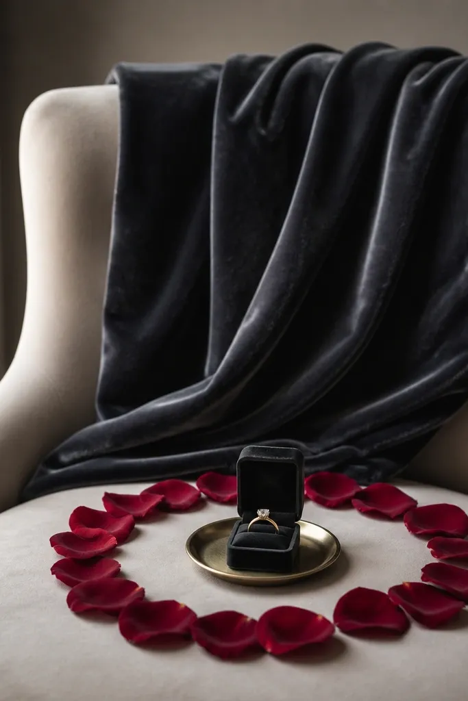 A dark charcoal velvet throw draped over the back of a chair. Rose petals are scattered in a controlled circle on the seat, and a small gold tray holds the ring box.