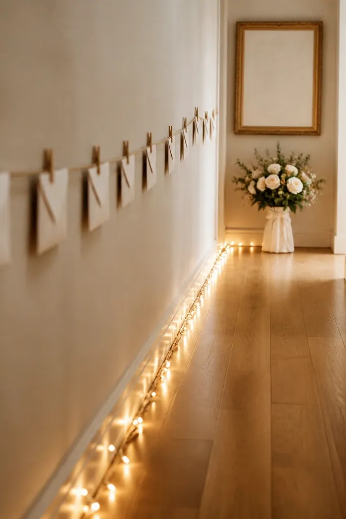 A hallway lit with warm fairy lights along the baseboard. Small envelopes hang along the path with clothespins, and a bouquet sits at the end near a framed sign.