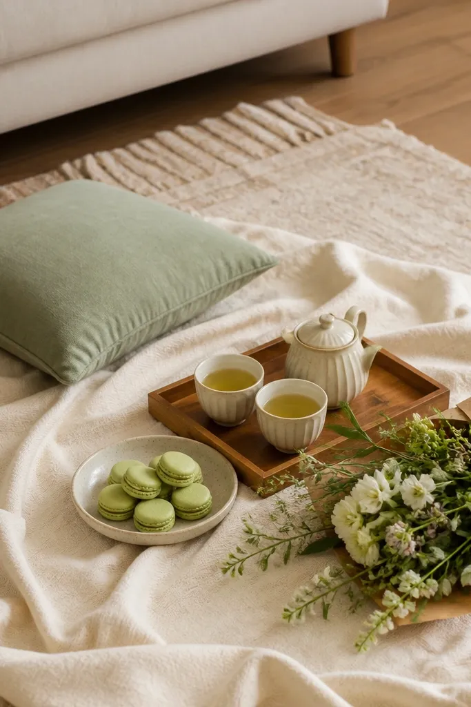 A picnic spread on a living room rug: a cream blanket, a small wooden tray with tea cups, a bowl of green tea macarons, and a bouquet wrapped in kraft paper. A soft green throw pillow sits nearby.