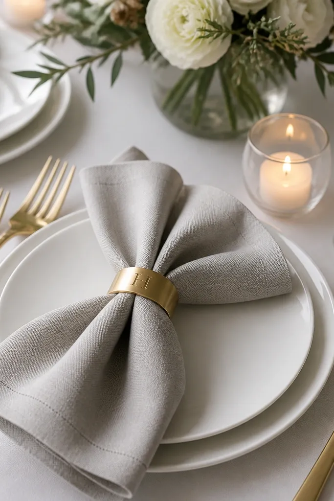A dining table set like a restaurant: white plates, a light gray linen napkin folded neatly, a simple gold napkin ring stamped with a monogram, and a small candle in a glass holder.