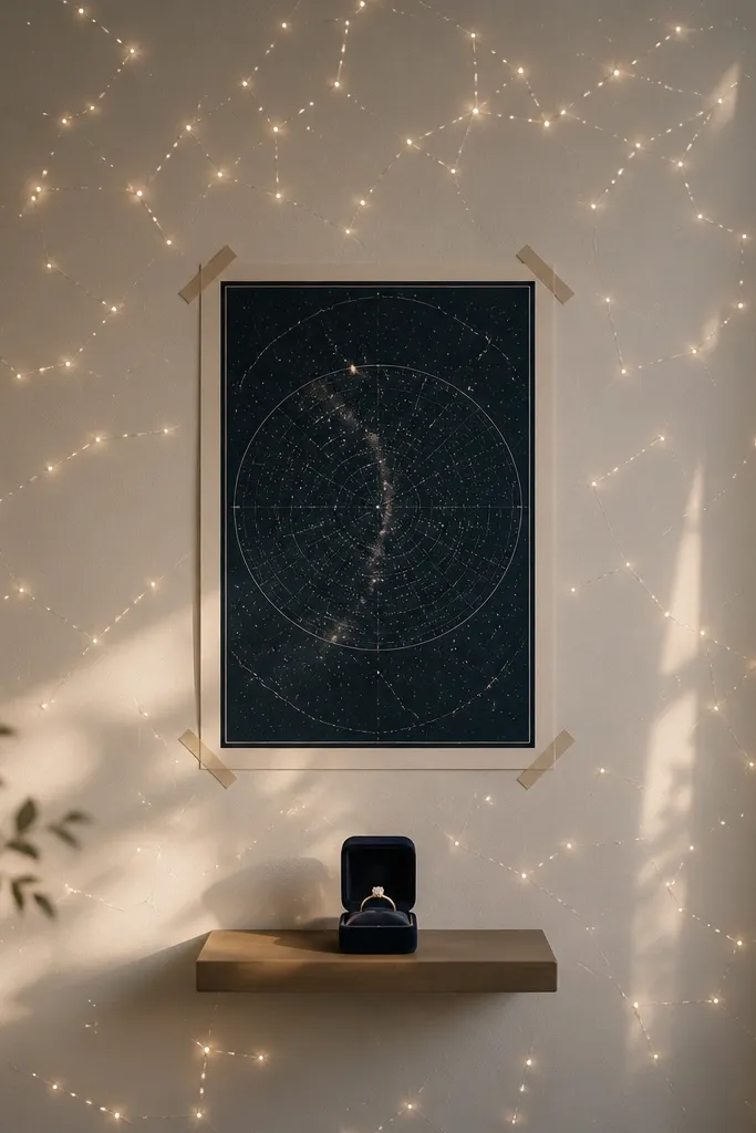A wall covered with tiny warm pin lights in a constellation pattern. A star map print is taped at eye level, and the ring box sits centered below the map on a small shelf.