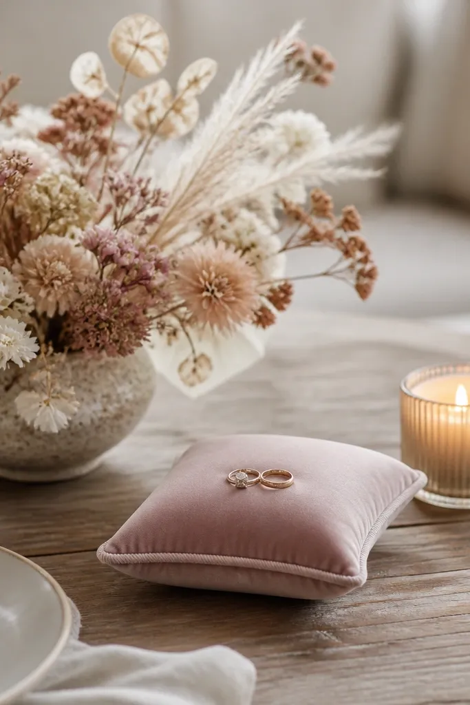 A coffee table styled with a small velvet ring pillow in the center. Dried flowers in muted tones (cream, tan, dusty pink) sit in a low vase, and a single candle glows beside the pillow.